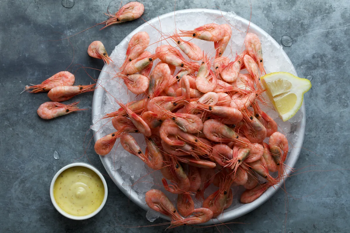 Räkor på is i ett fat med en citronklyfta och en skål sås